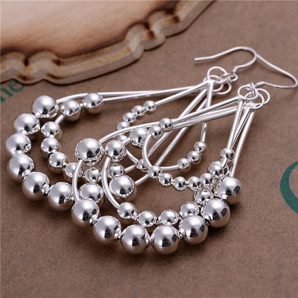 Jewelry - Chandelier Beaded Dangle Style 925 Sterling Silver Bali Hoop Earrings